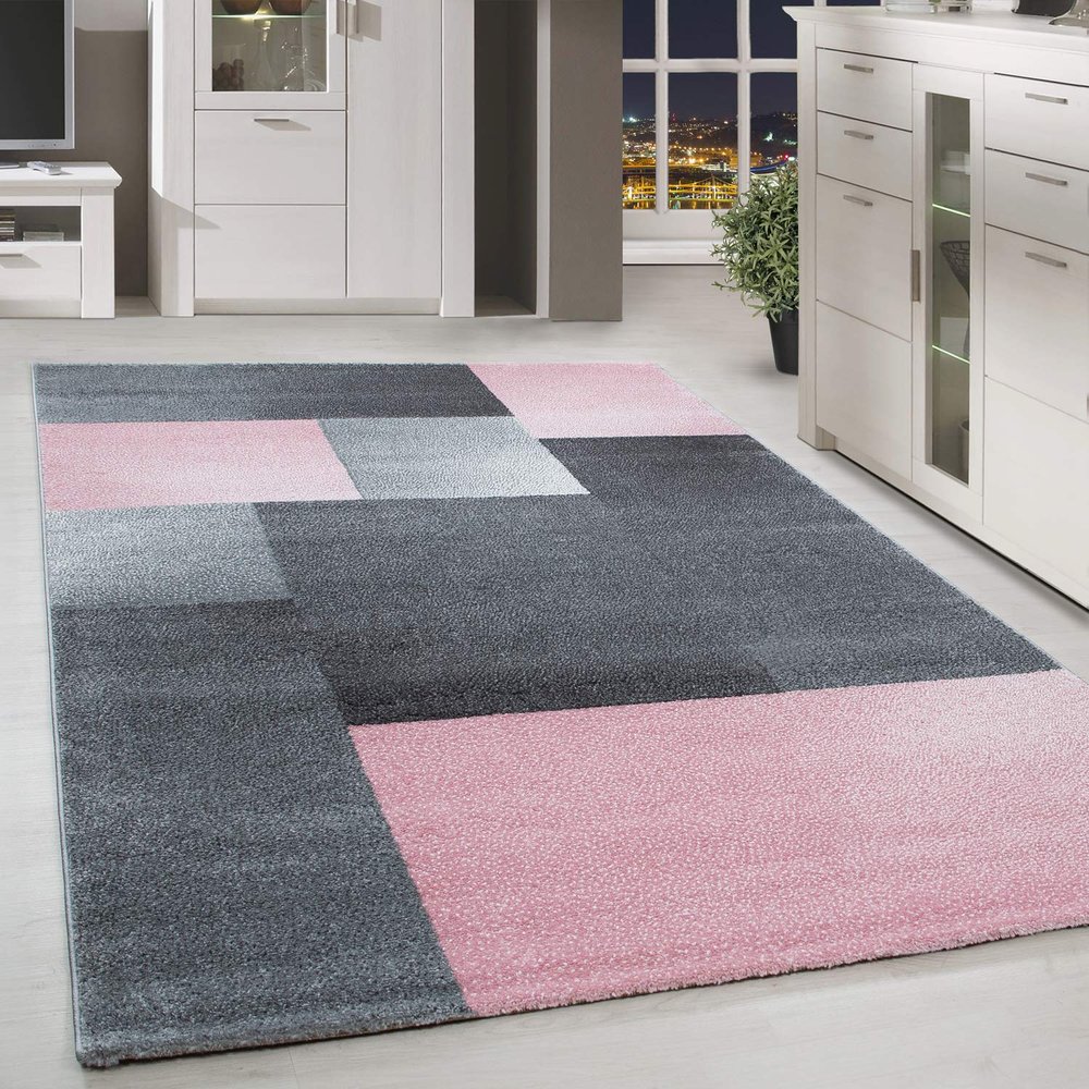 HomebyHome Low-Pile Area Rug 120 x 170 cm, Pink and Gray Checkered