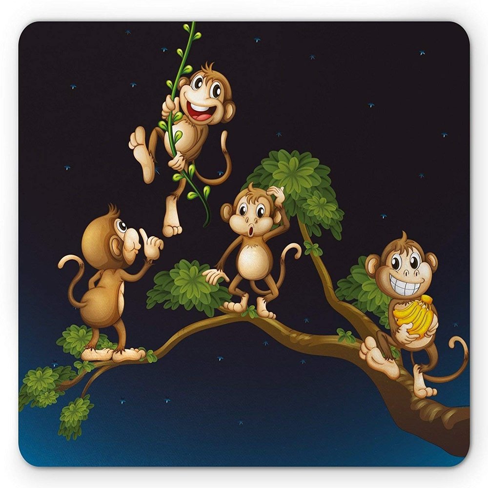Nature Mouse Pad with Four Cute Monkeys, Caramel and Dark Blue