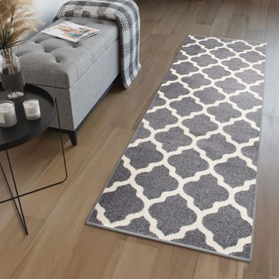 TAPISO MAROKO Runner Rug, Modern Geometric Moroccan Grid Pattern, Gray/Cream, KOTEX, 90 x 680 cm