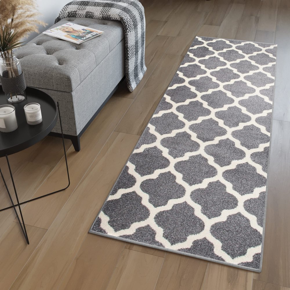 TAPISO MAROKO Runner Rug, Modern Geometric Moroccan Grid Pattern, Gray/Cream, KOTEX, 90 x 680 cm