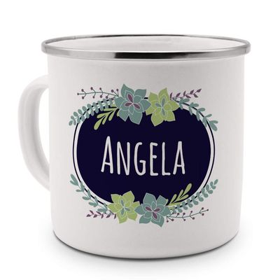 printplanet Angela Personalized Enamel Mug, Flowers Design, Silver