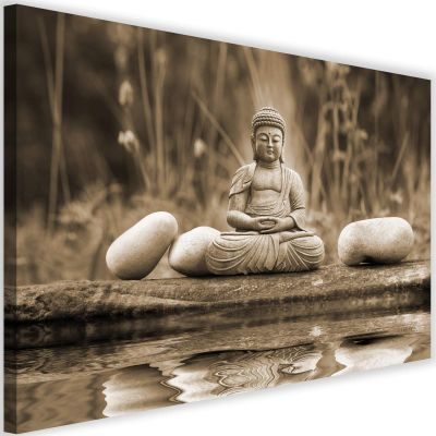Feeby Buddha Canvas Wall Art 120 x 80 cm, 1-Piece, XXL, Modern Nature in Brown