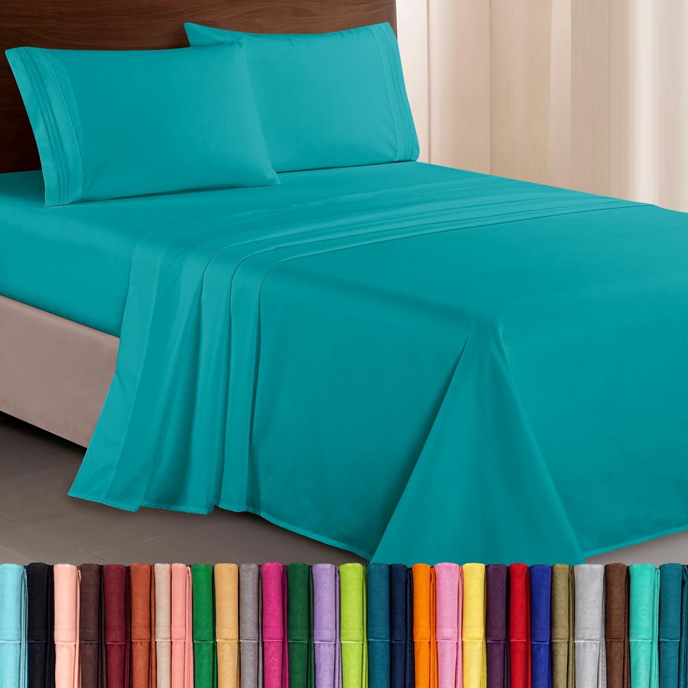 Elegant Comfort Luxurious 1500 Premium Microfiber Sheet Set, Hotel Quality, Three-Row Embroidery, Wrinkle- and Fade-Resistant, California King, Turquoise