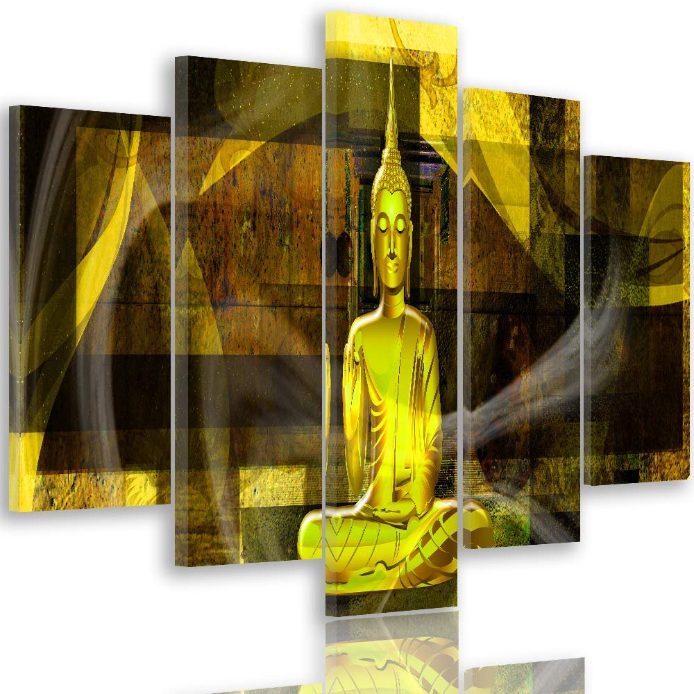 Feeby Buddha Canvas Wall Art 150 x 100 cm, 5-Piece, XXL, Modern Abstract Yellow