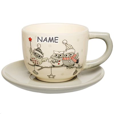 3D Owl Winter Mug with Saucer and Custom Name, 200 ml