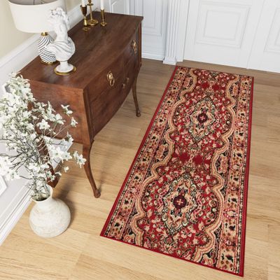 TAPISO Atlas Runner Rug by the Meter, Hallway Short-Pile Carpet, Kitchen, Living Room, Classic Floral Stripe Design, Red and Beige, Bedroom, KOTEX, 100 x 1200 cm
