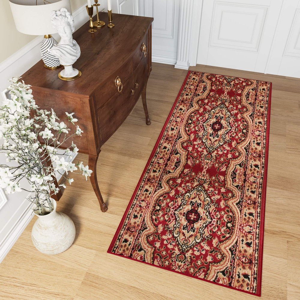 TAPISO Atlas Runner Rug by the Meter, Hallway Short-Pile Carpet, Kitchen, Living Room, Classic Floral Stripe Design, Red and Beige, Bedroom, KOTEX, 100 x 1200 cm