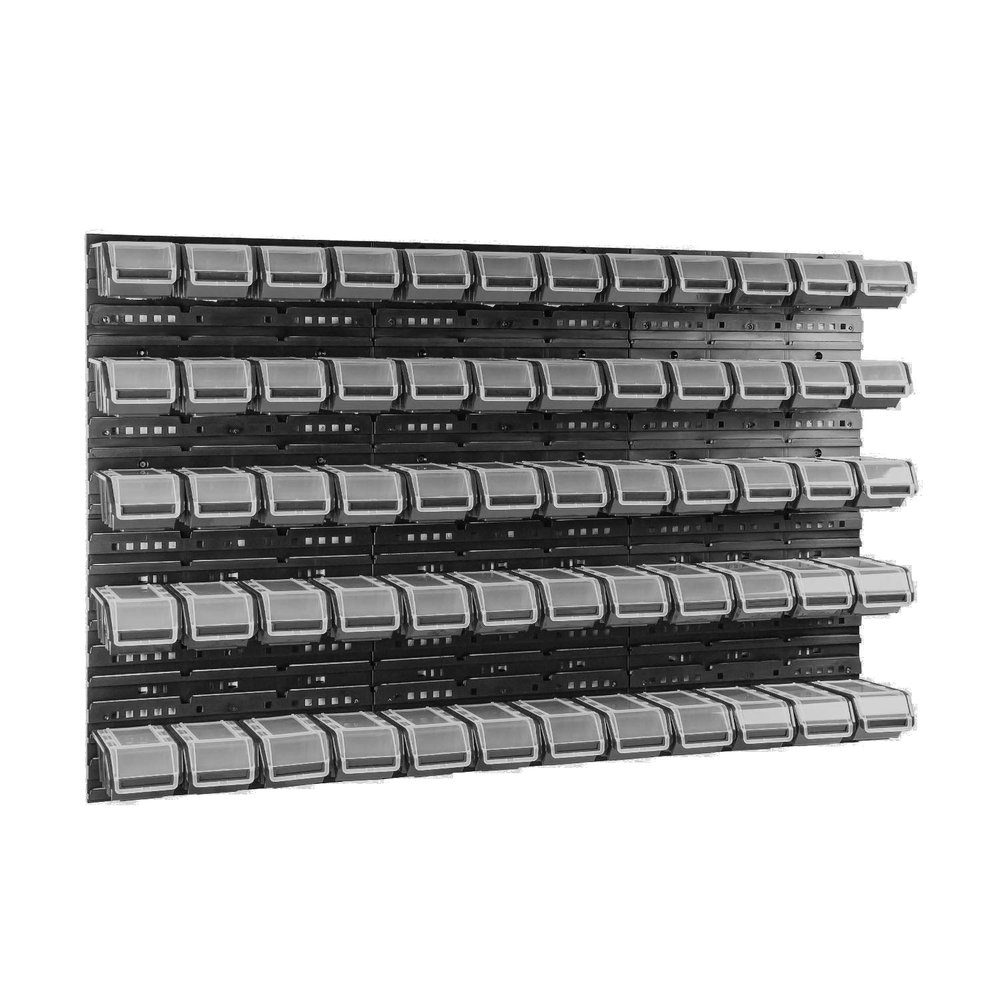 60 Lidded Storage Boxes + Wall Rack 120 x 80 cm, Stackable Bins, Black