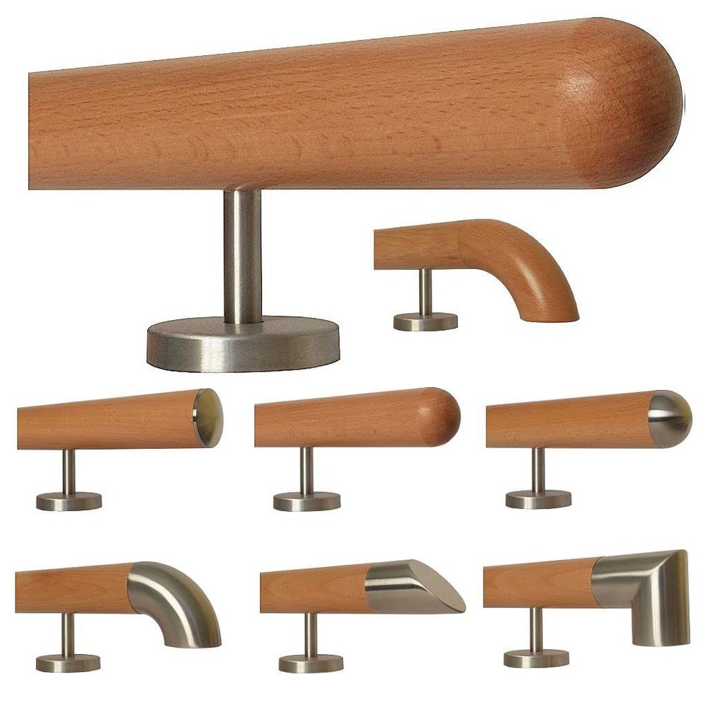 TIBU Beech Wood Stair Handrail, 30–500 cm, with Straight Stainless Steel Brackets