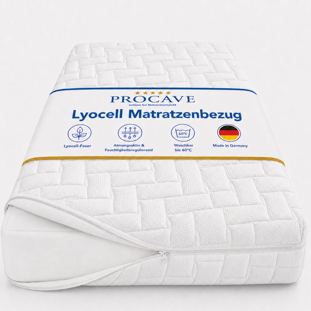 PROCAVE Quilted Lyocell Mattress Cover, 4-Sided Zipper, 4 Handles, Made in Germany, 180 x 200 cm for 33 cm Mattress Height