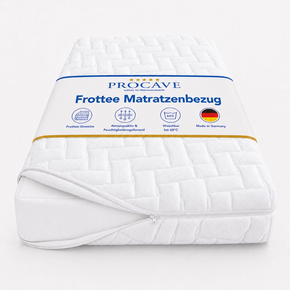 PROCAVE Quilted Terry Mattress Cover with 4-Sided Zipper and 4 Handles, Made in Germany, 70 x 210 cm for 5 cm Mattress Height