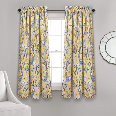 Lush Decor Dolores 2-Piece Light-Filtering Window Panels, 52 x 63 in, Yellow Floral Bird Print