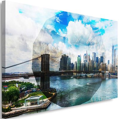 Feeby Geometric New York City Bridge Canvas Print, Blue, 90 x 60 cm