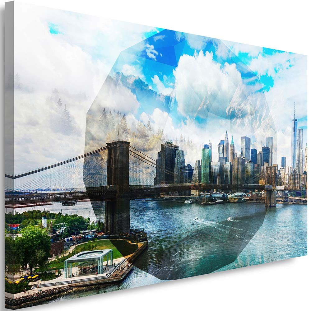 Feeby Geometric New York City Bridge Canvas Print, Blue, 90 x 60 cm