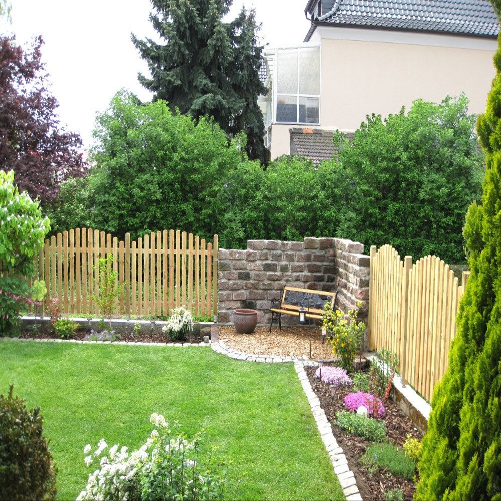 Complete Wooden Picket Fence Set, 4–38 m Selectable ("Premium" Package: 21.00 m), 60 cm High, Curved Top, V2A Screws, Dried Pressure-Treated Wood