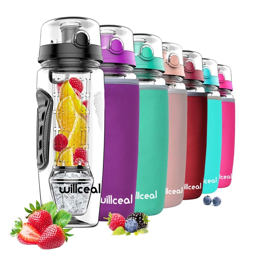 willceal 945 ml Fruit Infuser Water Bottle with Removable Ice Gel Ball, Black