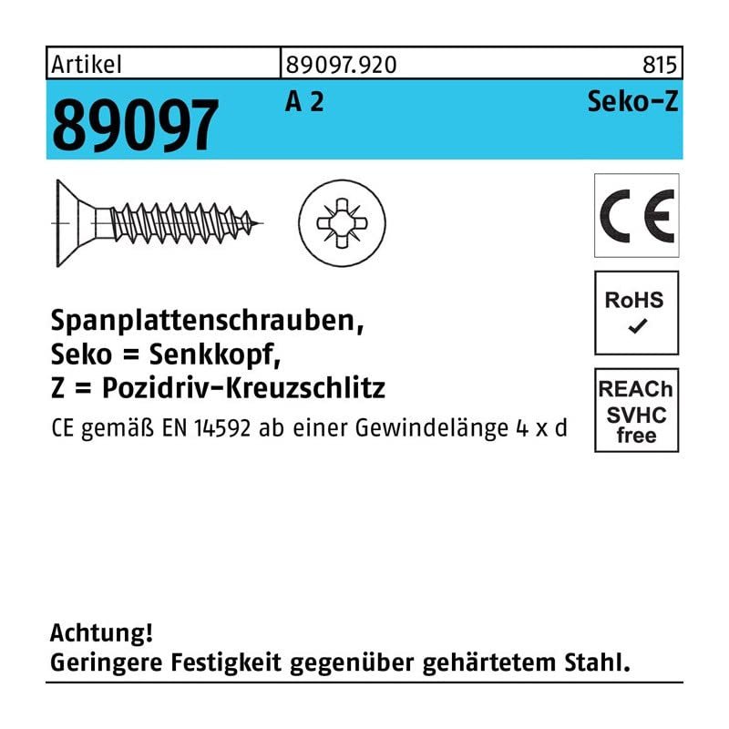 ART 89097 Chipboard Screws, Countersunk, CE A2, 3.5 x 35 mm, -Z, Fully Threaded, A2 Stainless Steel, 1,000 pcs