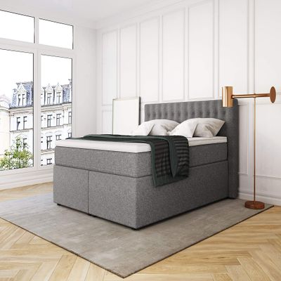 Betten Jumbo King Box Spring Bed 200 x 200 cm, 7-Zone Pocket Spring Mattress, Firmness H4, Visco Topper, Light Gray
