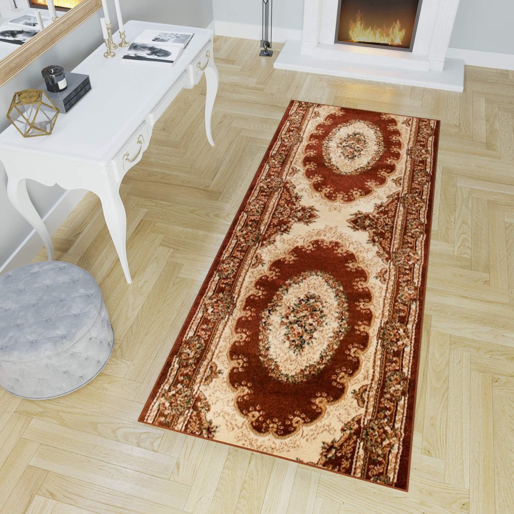 TAPISO Yesemek KOTEX Runner Rug, Short-Pile Classic Floral Medallion, Traditional Ornamental Pattern, Brown and Cream, 90 x 650 cm