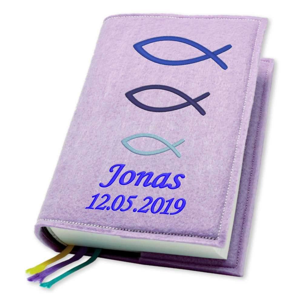 Evangelical Hymnal Cover, Blue Fish, Felt, Name Embroidered, Medium Edition, Lilac