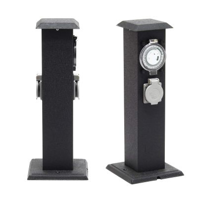 2-Outlet Outdoor Power Socket Post with Timer, Metal, IP44