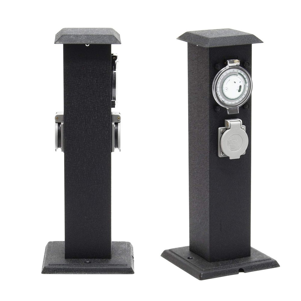 2-Outlet Outdoor Power Socket Post with Timer, Metal, IP44