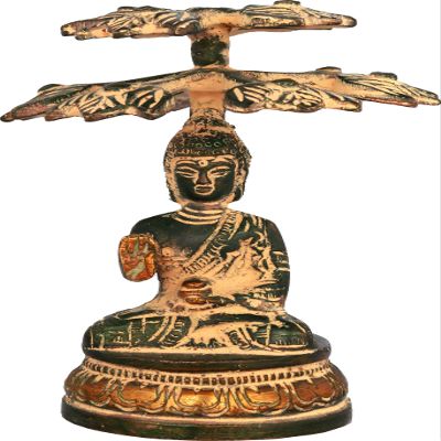 Exotic India Tibetan Buddhist Lord Buddha Seated Under a Tree - Brass Statue - Green Gold
