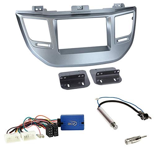 2-DIN Car Radio Installation Kit for Hyundai Tucson TL from 07/2015, Silver Fascia, China Steering Wheel Adapter