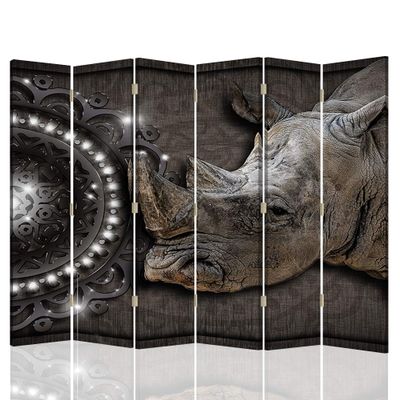 Decorative Rhino Room Divider, 6-Panel, Single-Sided Abstract Gray, 216 x 175 cm