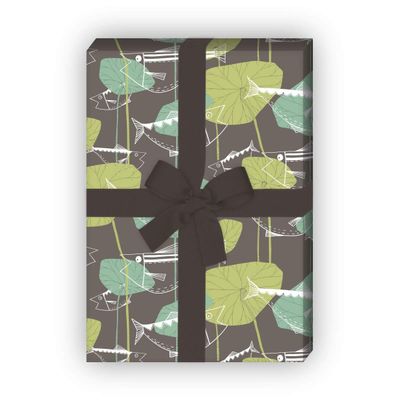 Retro Fisherman Gift Wrap Set, 4 Sheets, 1970s Fish Design, Brown and Green, 32 x 48 cm