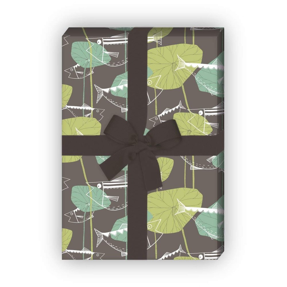 Retro Fisherman Gift Wrap Set, 4 Sheets, 1970s Fish Design, Brown and Green, 32 x 48 cm