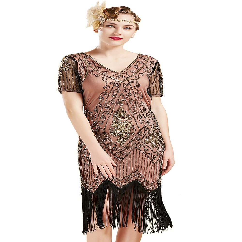 BABEYOND 1920s Art Deco Fringe Sequin Dress, Roaring Twenties Flapper Costume, Coral Gold, XS