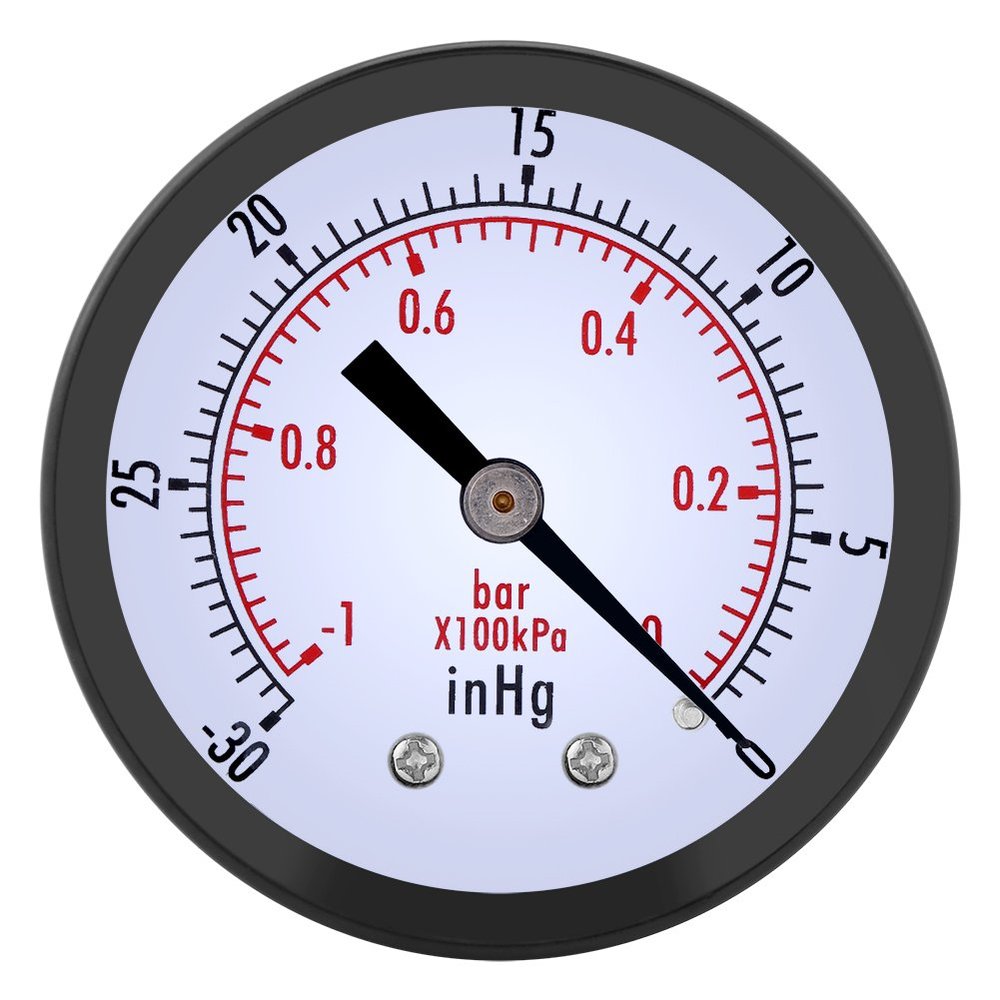 Jectse 50 mm Mini Vacuum Gauge, Water, Oil, Air, 1/4 in BSPT Thread, 0 to -30 inHg, 0 to -1 bar