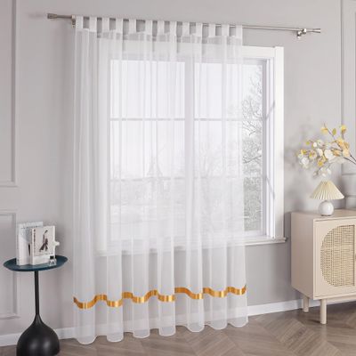 HongYa Stores Voile Curtain Panel with Satin Ribbon Loops, Sheer, H/W 170/450 cm, Yellow