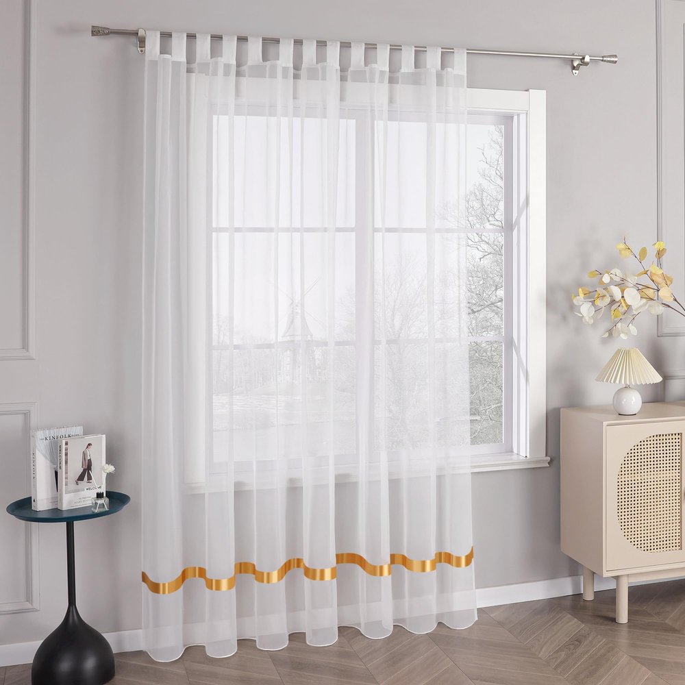 HongYa Stores Voile Curtain Panel with Satin Ribbon Loops, Sheer, H/W 170/450 cm, Yellow