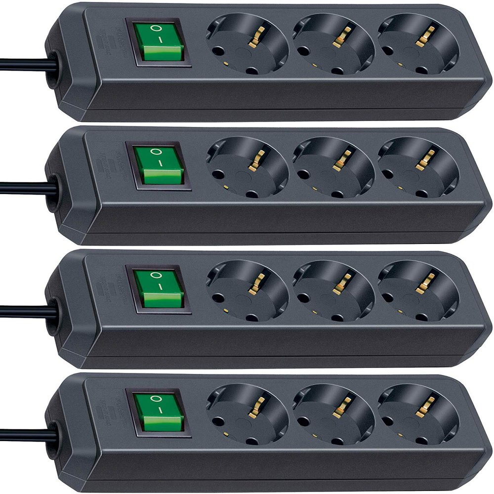 Brennenstuhl Eco-Line 3-Outlet Power Strip (Child Safety, Switch, 1.5 m Cable), Black | 4-Pack