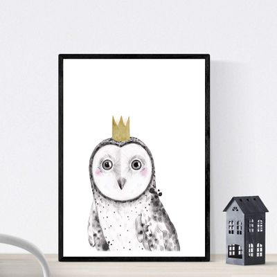 Nacnic Baby Owl Children's Print with Golden Crown, Children's Animal Poster, A4, Framed in Black