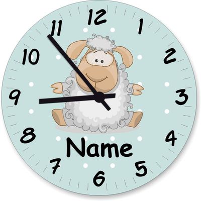 Shirtinstyle Handmade Sheep Wall Clock with Custom Name, 29 cm, Pastel Mint