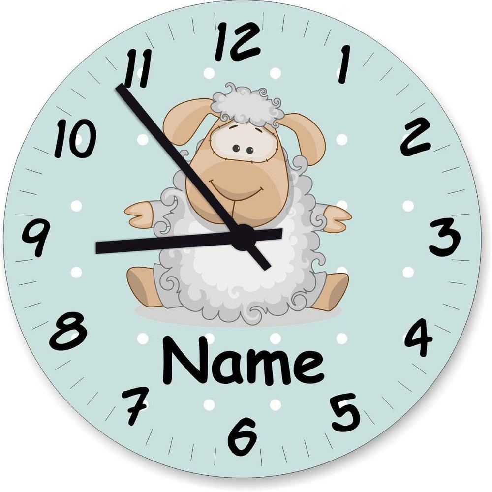 Shirtinstyle Handmade Sheep Wall Clock with Custom Name, 29 cm, Pastel Mint