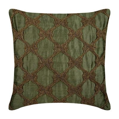 The HomeCentric Tarnished Gold 12 x 12 in (30 x 30 cm) Square Decorative Pillow Cover, Earthy Green Silk Fabric with Bead Embroidery