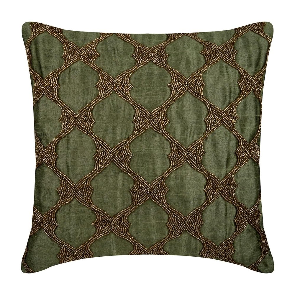 The HomeCentric Tarnished Gold 12 x 12 in (30 x 30 cm) Square Decorative Pillow Cover, Earthy Green Silk Fabric with Bead Embroidery