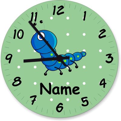 Shirtinstyle Handmade Caterpillar Wall Clock for Children's Room with Custom Name, 20 cm, Pastel Green