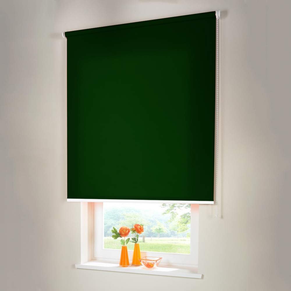 Sun Protection-HH Chain-Operated Blackout Roller Shade, 70 x 190 cm Outer Size, Dark Green, Opaque, with Universal Brackets