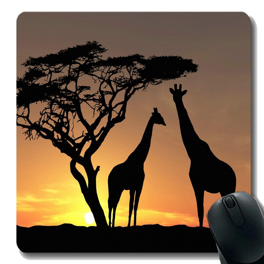 Rectangular Giraffe Sunset Rubber Mouse Pad with Stitched Edges