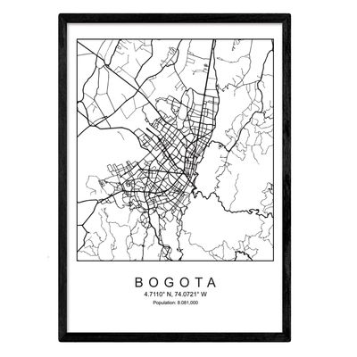 Bogota City Map, Nordic Style, Black and White, A3 Poster with Black Frame, Printed on 250 gsm Paper, Wall Art for Living Room and Bedroom