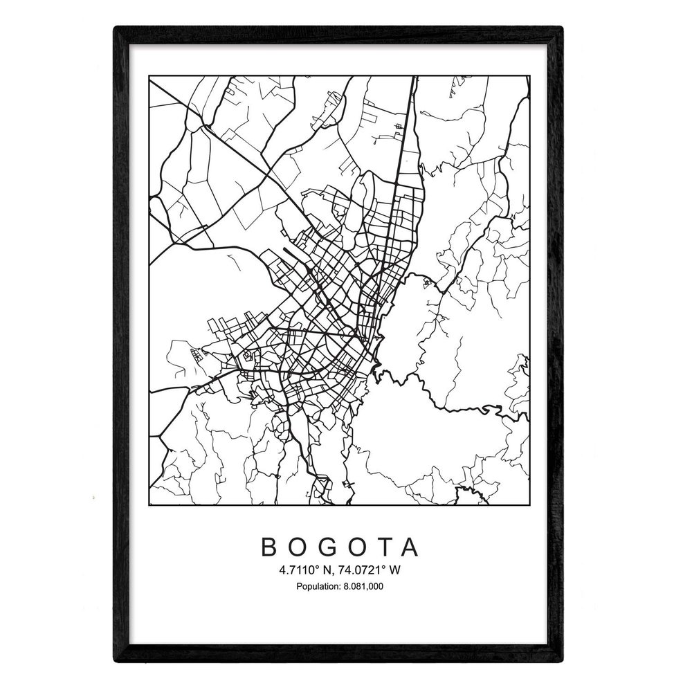 Bogota City Map, Nordic Style, Black and White, A3 Poster with Black Frame, Printed on 250 gsm Paper, Wall Art for Living Room and Bedroom