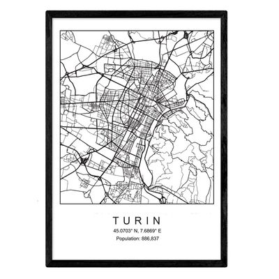 Nacnische Map of Turin in Black and White, A3 Poster with Black Frame