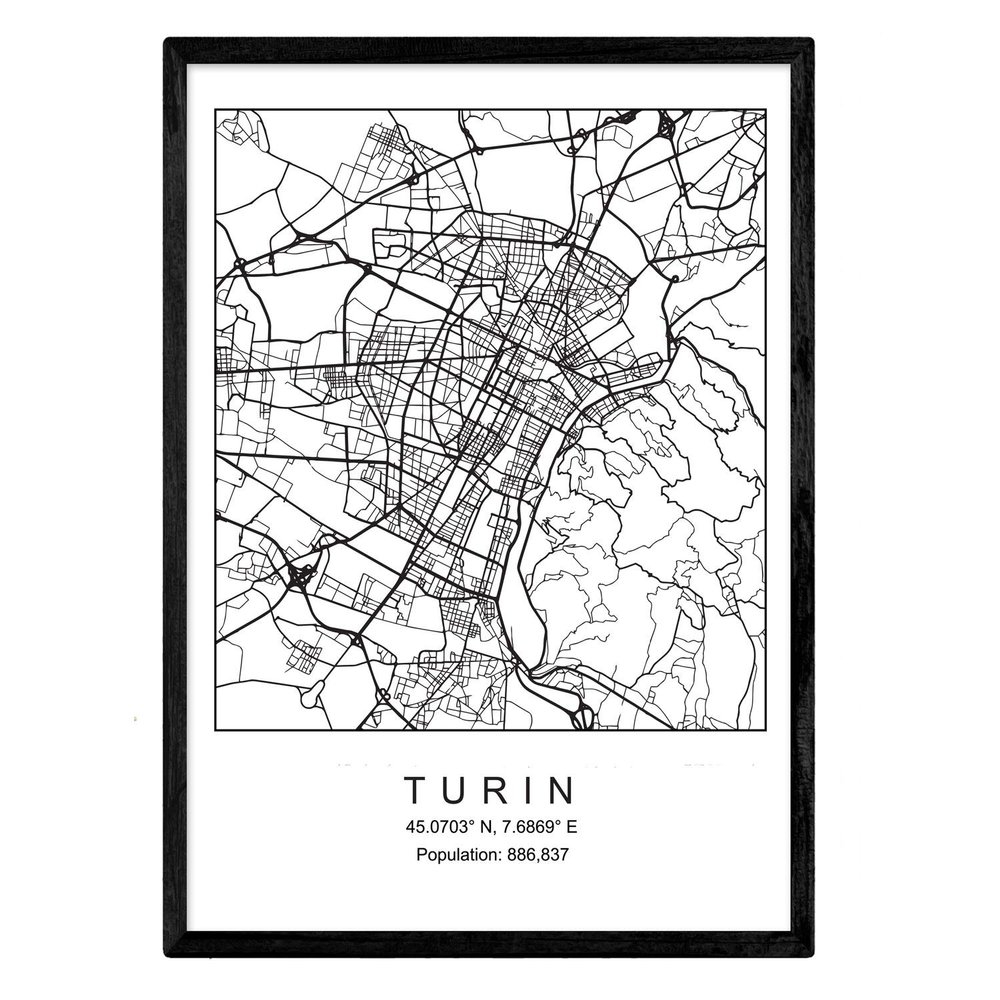 Nacnische Map of Turin in Black and White, A3 Poster with Black Frame