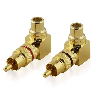 2-Pack RCA L/R Audio Adapters, 90° Angled Male to Female, Gold-Plated Metal, Black
