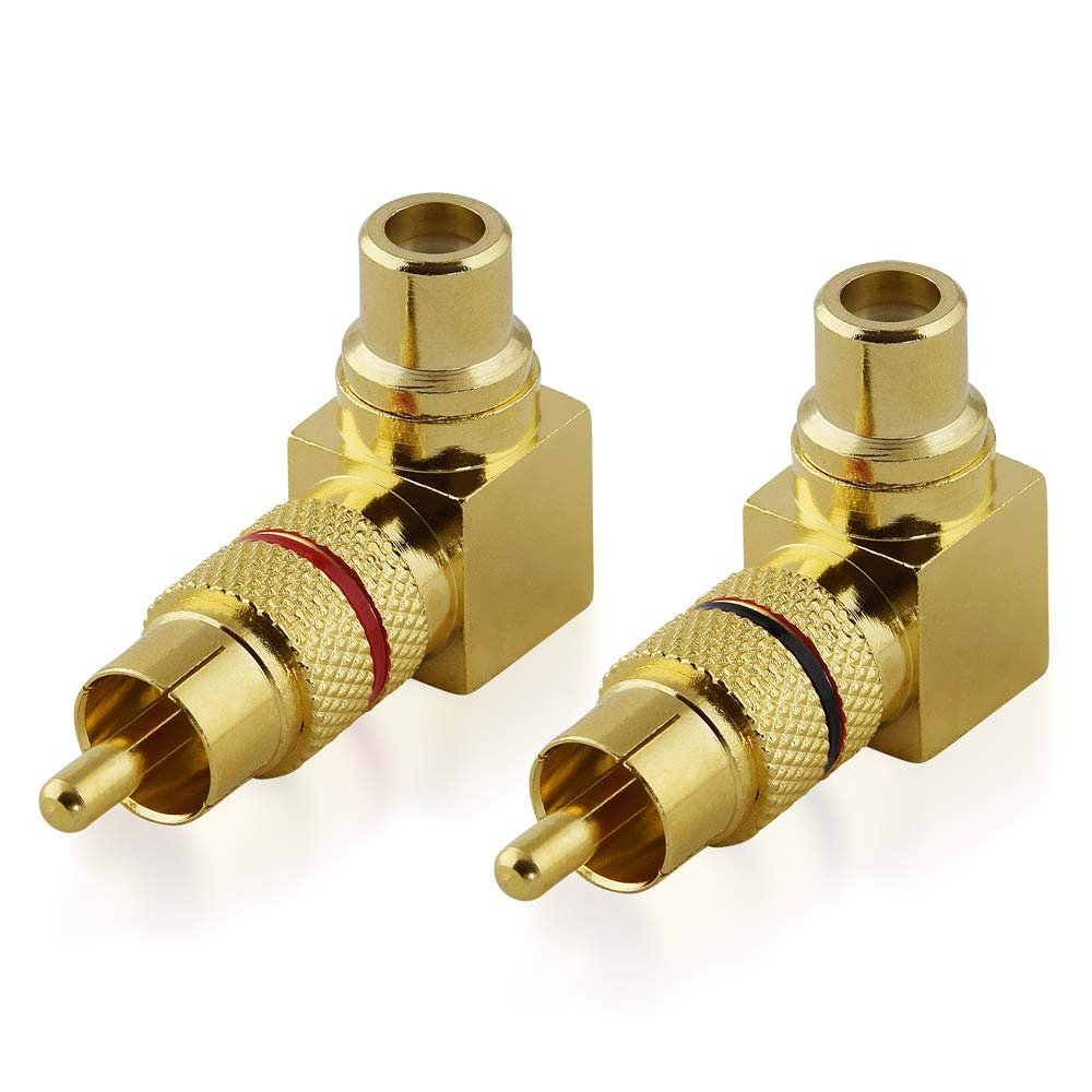 2-Pack RCA L/R Audio Adapters, 90° Angled Male to Female, Gold-Plated Metal, Black